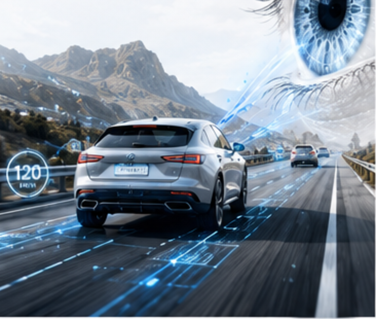Automotive scene with integrated iris and trust fabric