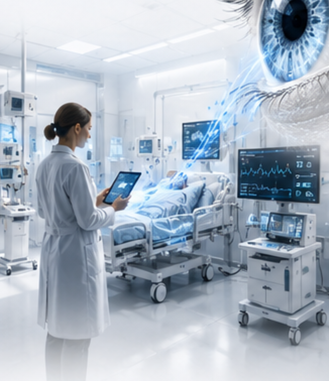 Healthcare scene with integrated iris and trust fabric